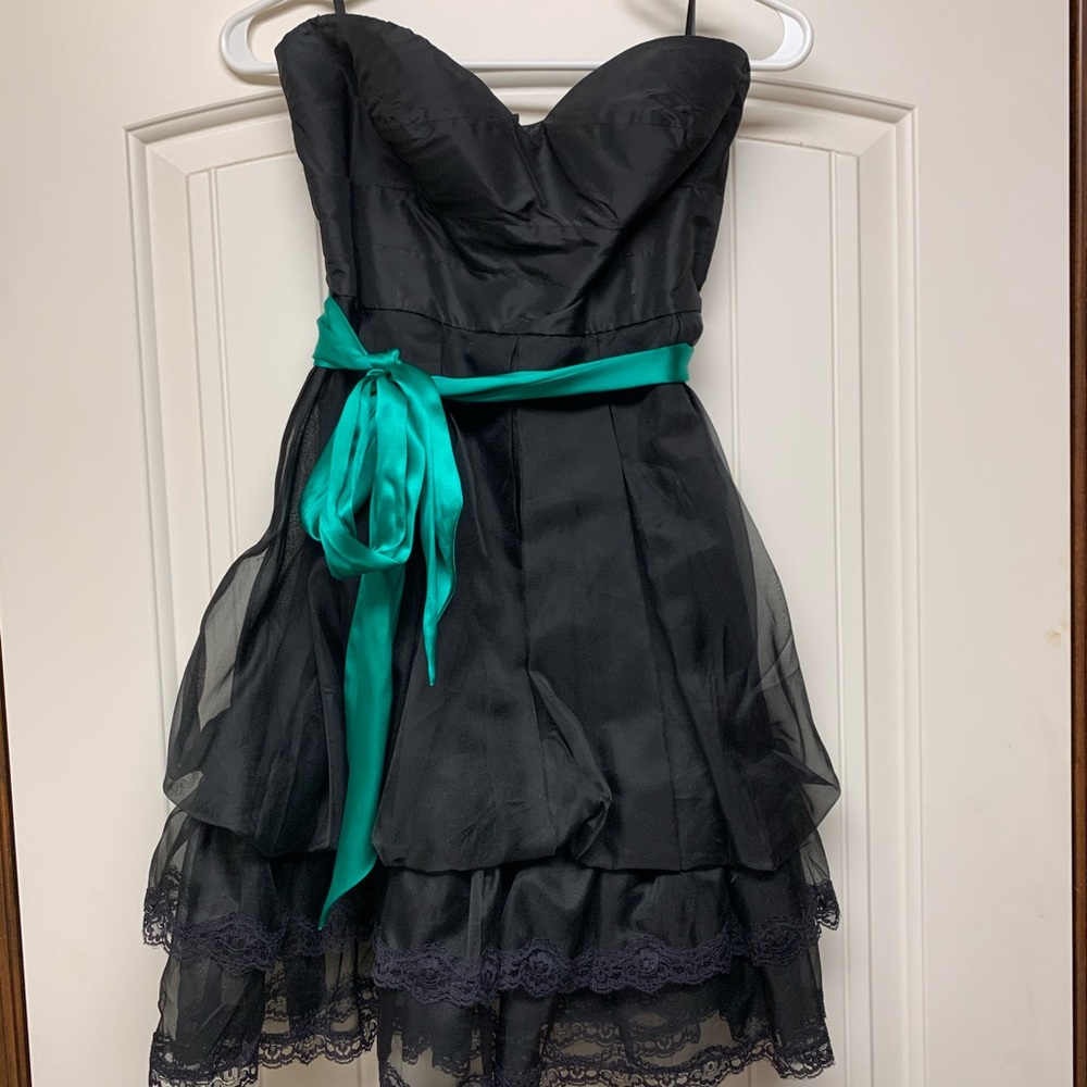 Black BEBE dress with emerald sash. Size M.